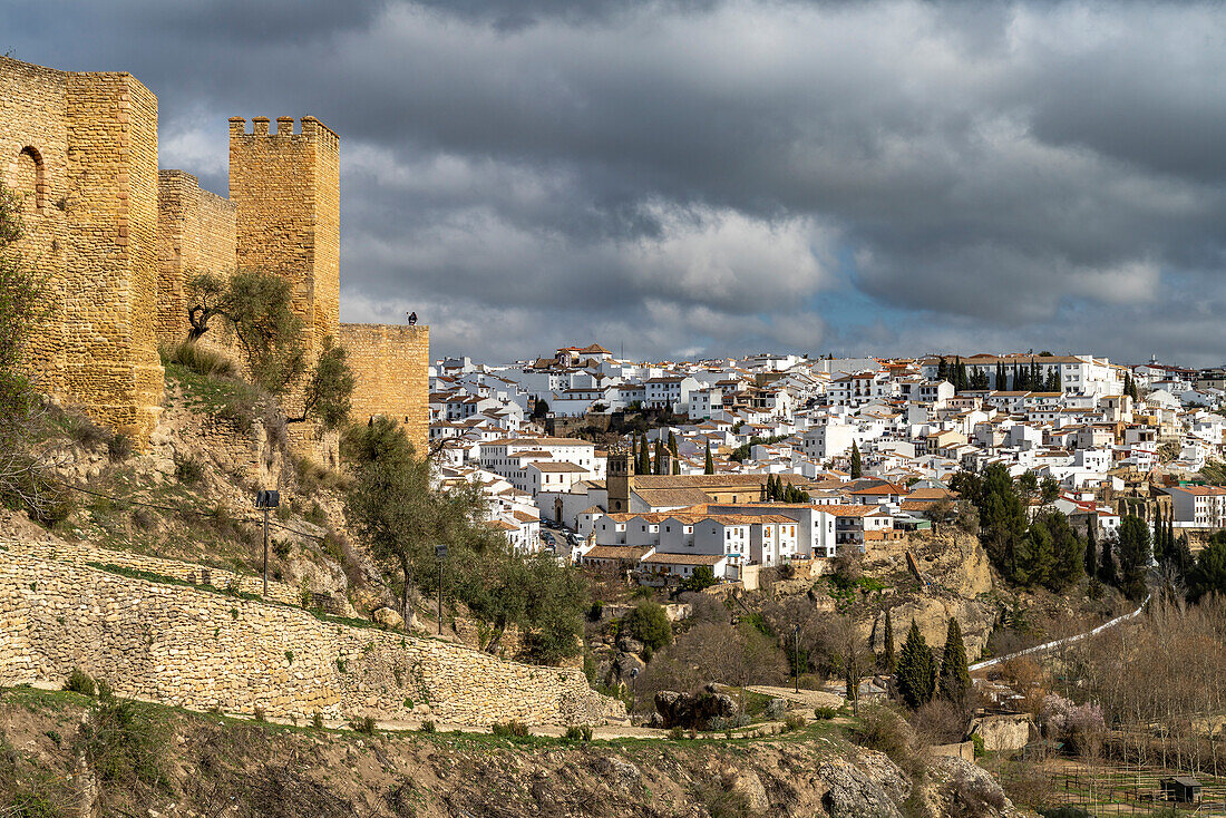 Medieval city walls Murallas de Ronda and the white houses of the old town, Ronda, Andalusia, Spain