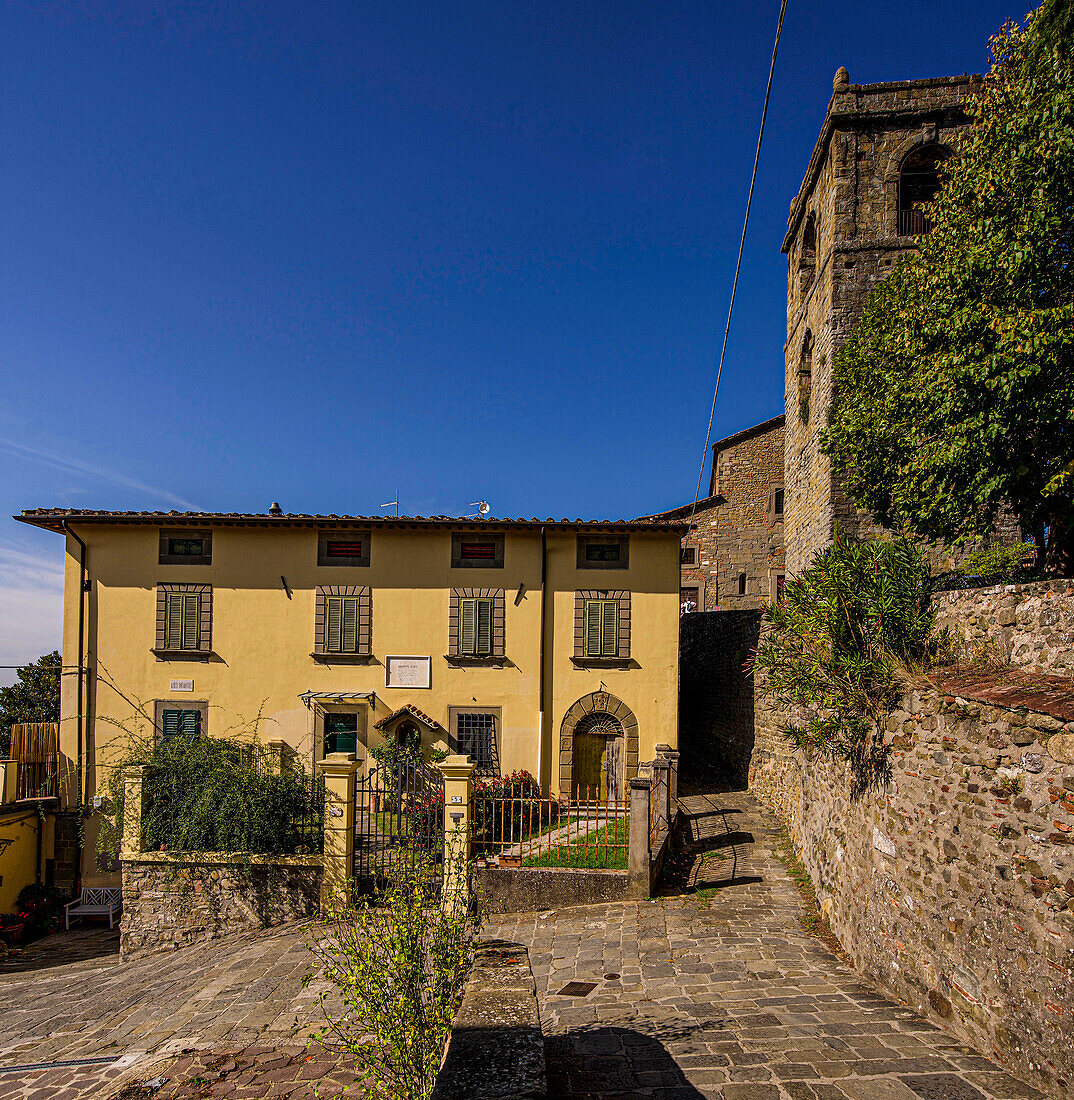 Giuseppe Giusti's house, on the right the Torre Campanaria, in the background the church of San Pietro Apostolo, Montecatini Alto, Tuscany, Italy