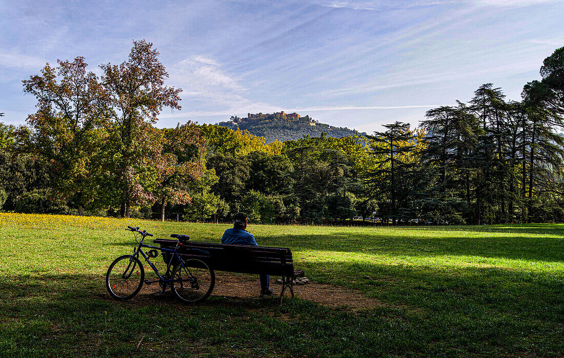 Im Parco Termale mit Blick auf Montecatini Alto, Montecatini Terme, Toskana, Italien