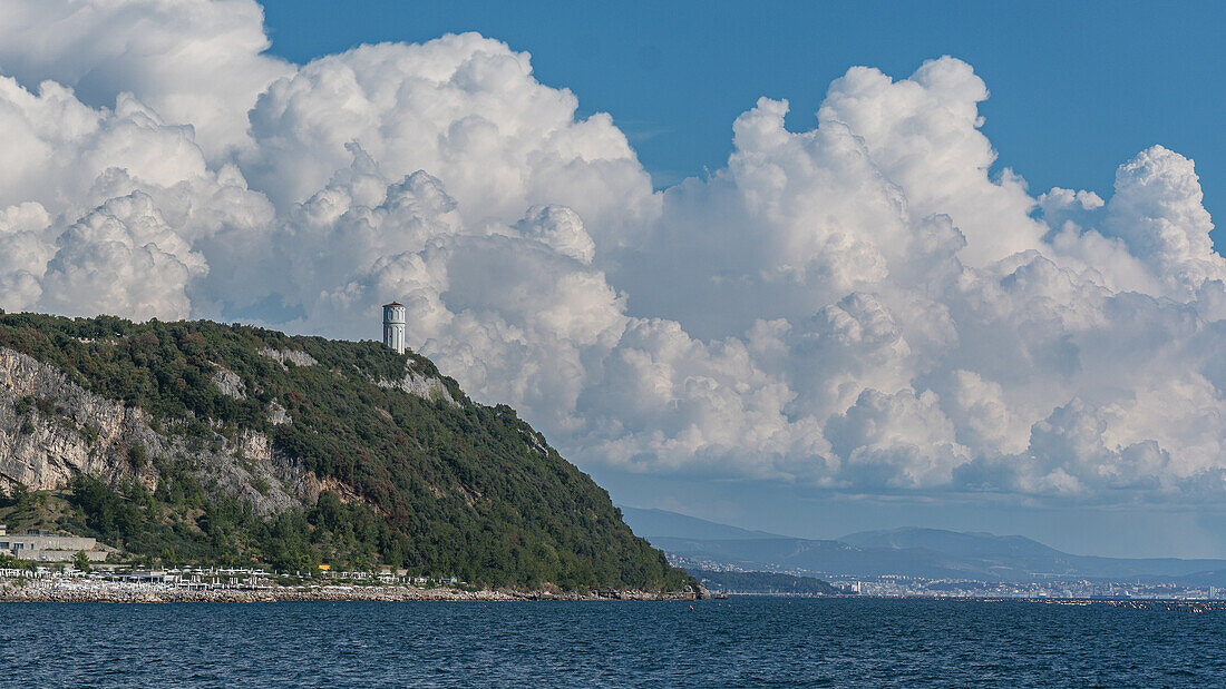View of the water tower and the Gulf of Trieste from the port in Sistiana, Trieste, Friuli Venezia Giulia, Italy.