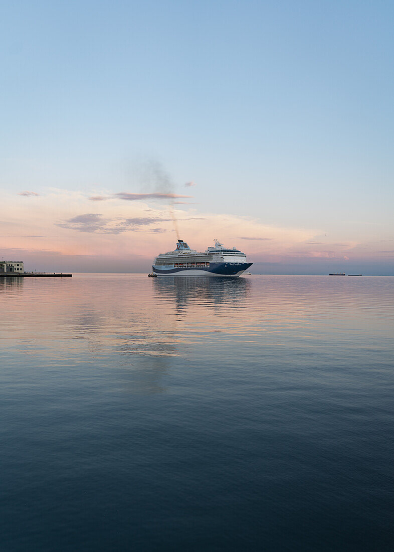 Cruise ship arrives in Trieste, Friuli Venezia Giulia, Italy early in the morning.