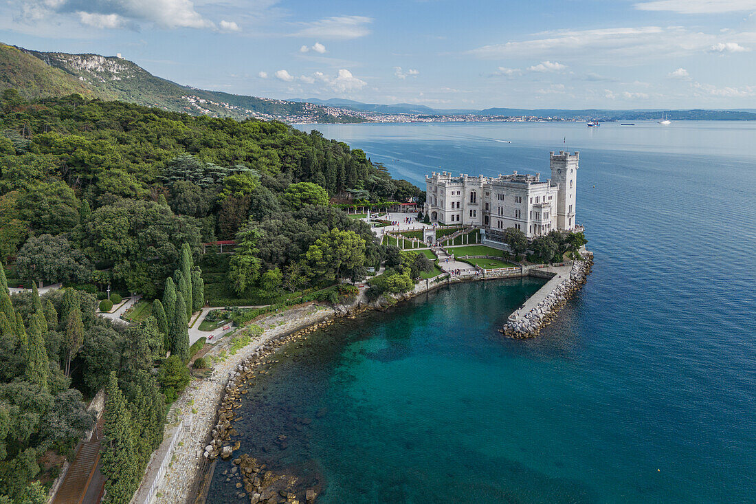 View from above of the Miramare Castle and the Gulf of Trieste, Friuli Venezia Giulia, Italy.