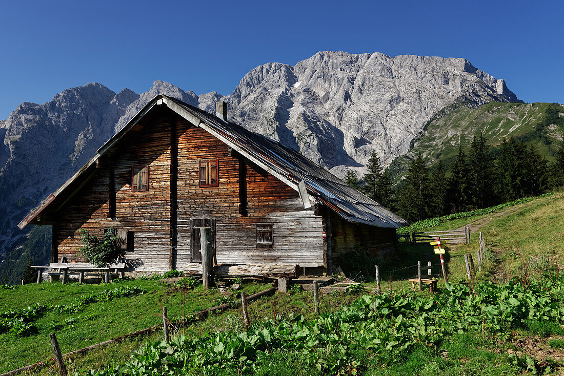 Alphütte und der Hohe Göll, Salzburger Land, Österreich.