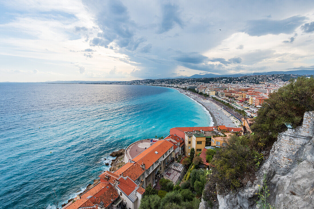 View from Castle Hill to the old town and beach of Nice, Provence, France