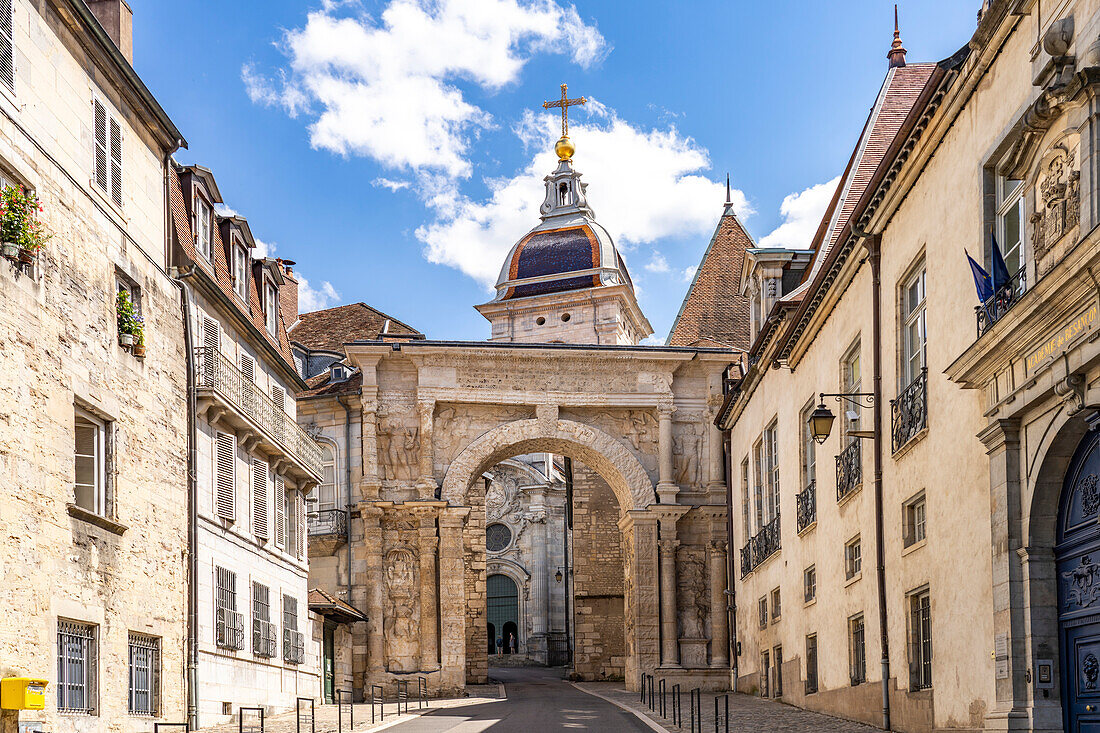 The Gallo-Roman triumphal arch Porte Noire and St. John's Cathedral in Besancon, Bourgogne-Franche-Comté, France, Europe
