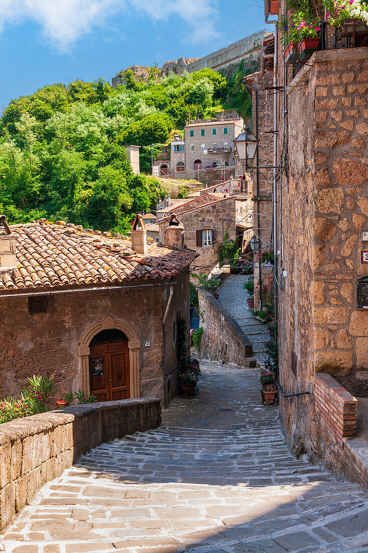 In the quaint streets of Sorano, Province of Grosseto, Tuscany, Italy, Europe