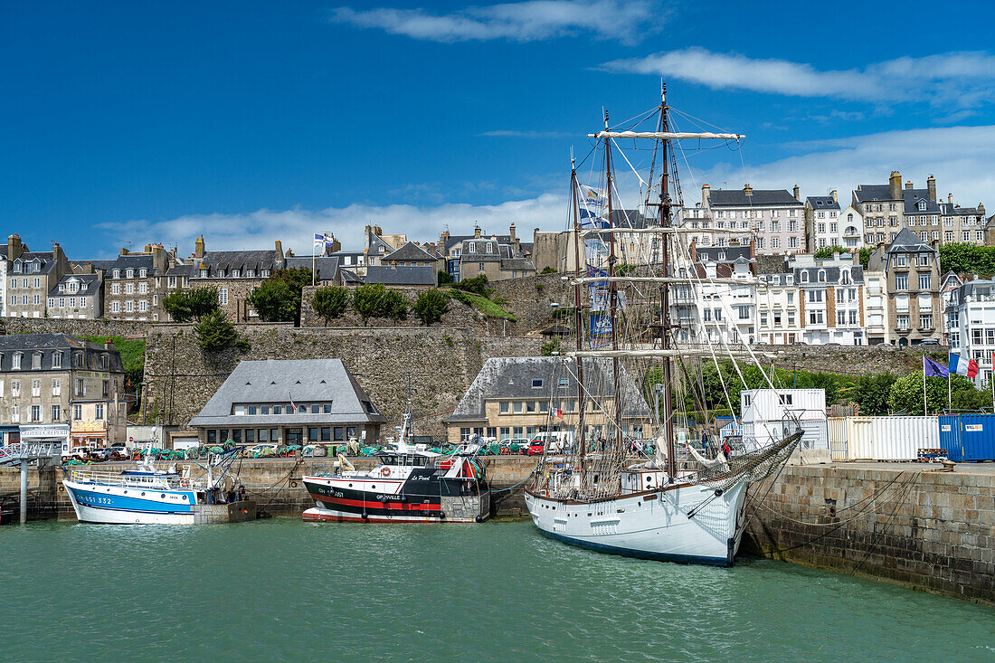 City view with harbor and barge Le Marité, Granville, Normandy, France