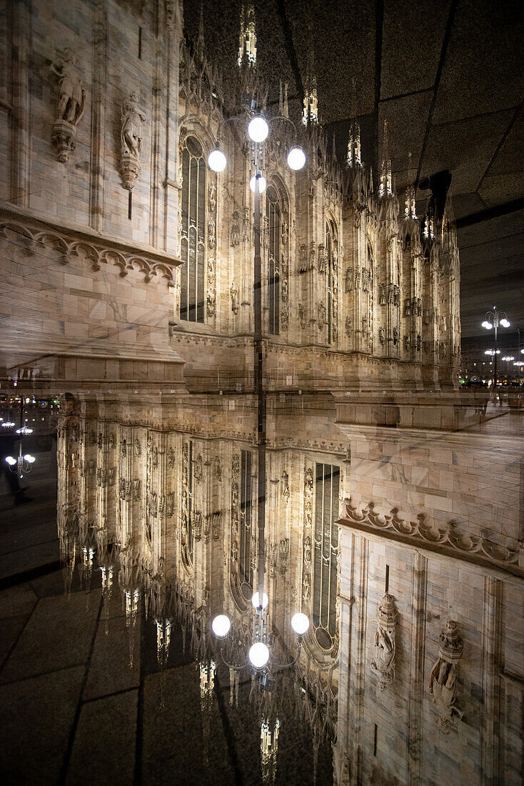 Double exposure of Milan Cathedral at night, Milan, Lombardy, Italy, Europe
