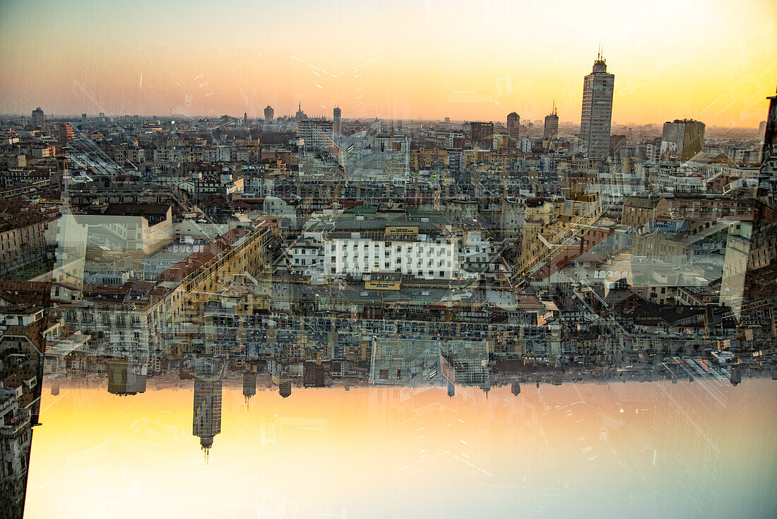 Double exposure photograph of the rooftops of Milan in the setting sun, Italy.