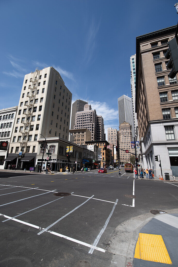 Wide angle street scene in downtown San Francsico.