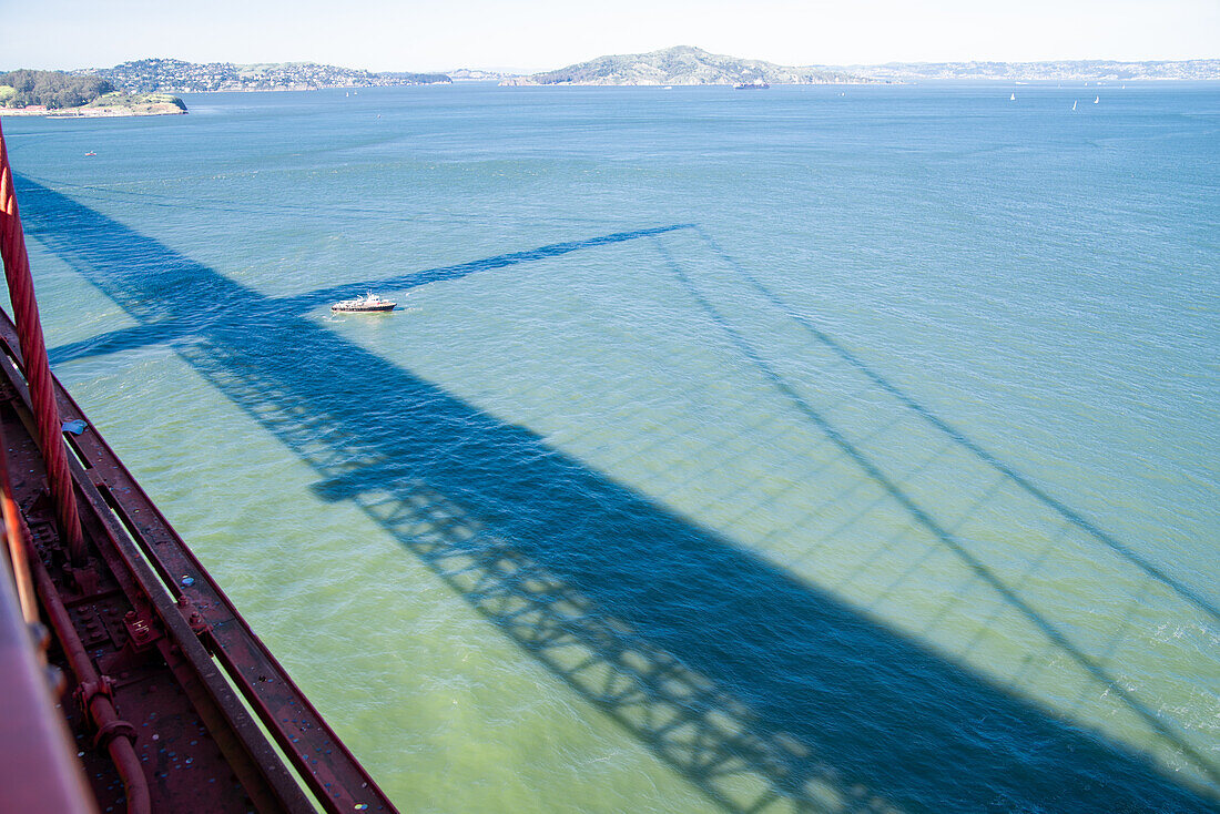 View from the iconic Golden Gate bridge down the water.