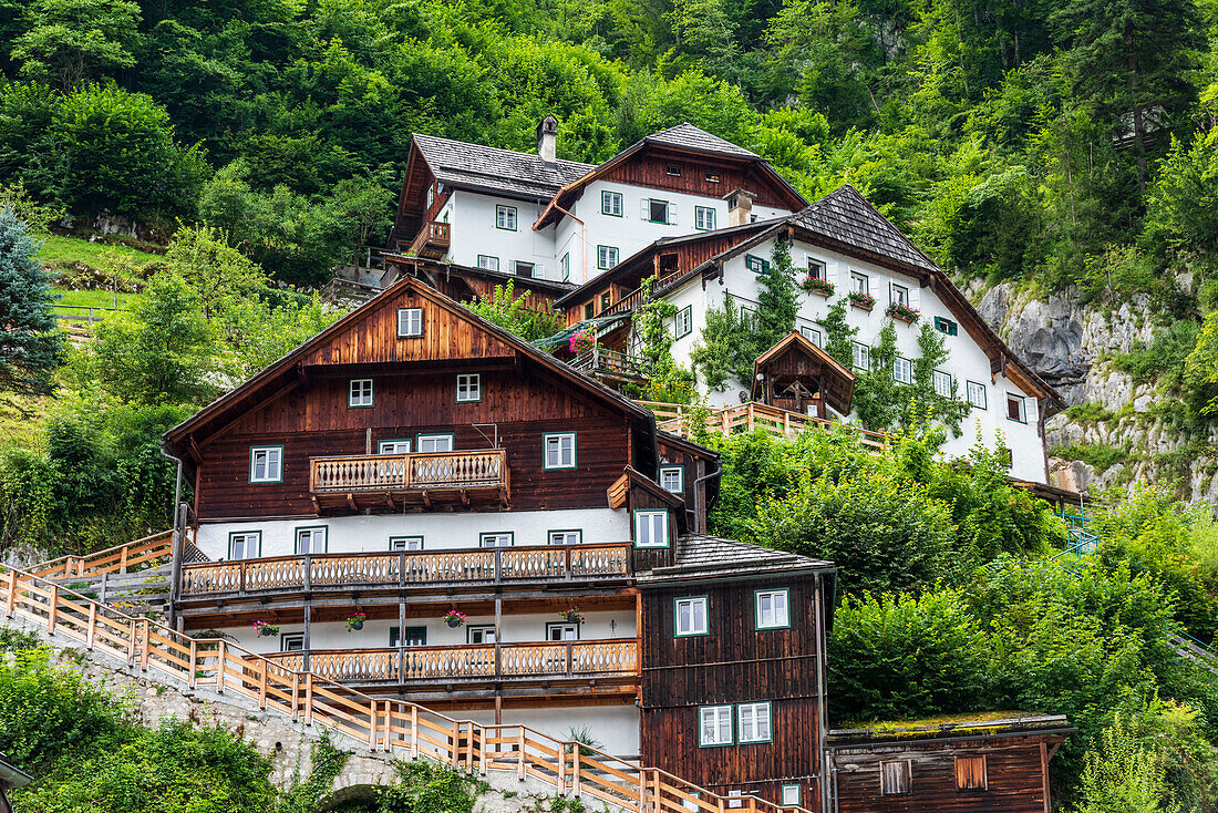 Historic buildings above Hallstatt on Lake Hallstatt in the Salzkammergut, Upper Austria, Austria