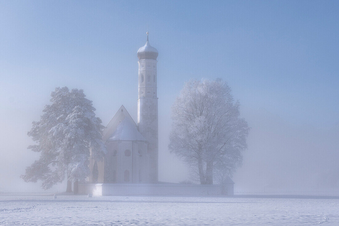 Winter fog at St. Coloman Church, Schwangau, Koenihswinkel, Allgaeu, Bavaria, Germany, Europe