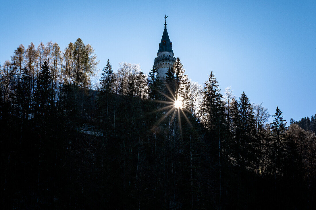 Detailed shots of Neuschwanstein Castle in autumn, Allgäu Alps, Allgäu, Bavaria, Germany, Europe