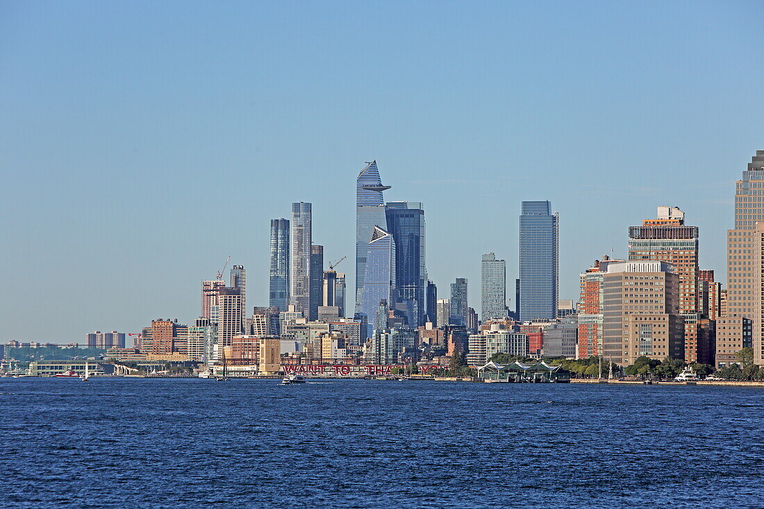 View from the Staten Island Ferry across the Hudson River to the Hudson Yards, Midtown, Manhattan, New York, New York, USA