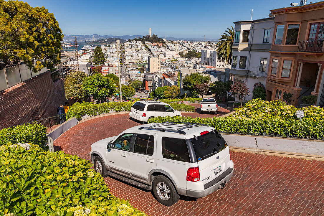 Die als kurvenreichste Straße bezeichnete Lombard Street mit Ausblick auf Telegraph Hill mit dem Coit Tower, San Francisco, USA