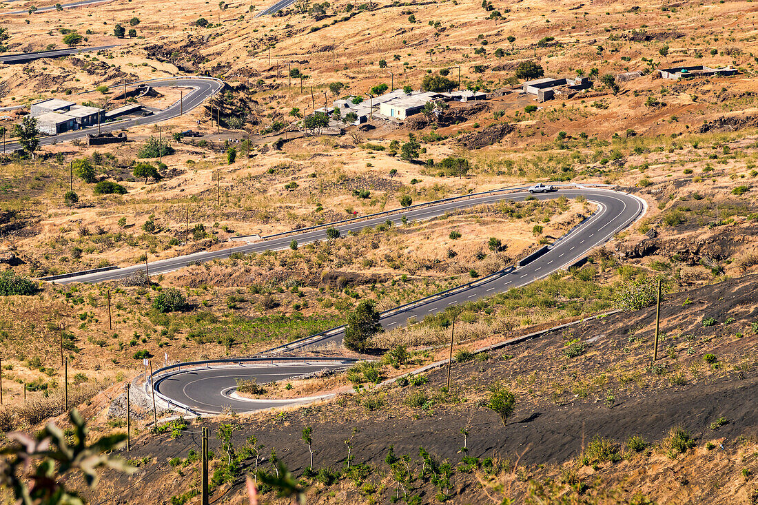 The switchbacks of the road up to Pico National Park, Fogo Island, Cape Verde Islands, Africa