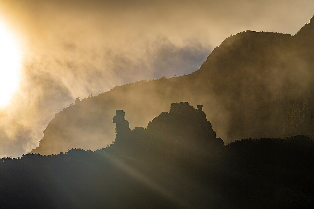 The volcanic rocks of Los Roques in the mist, La Gomera island, Canary islands, Spain