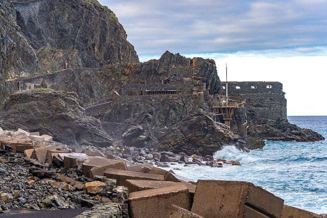 The former banana loading station Castillo del Mar on the coast of Vallehermoso, La Gomera, Canary Islands, Spain