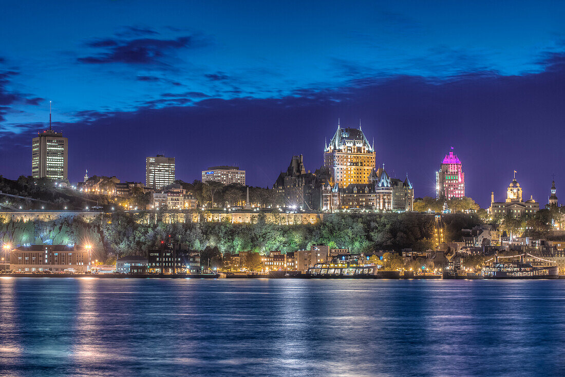 Quebec city, Chateau Frontenac and the city buildings viewed from across the St Lawrencen river.