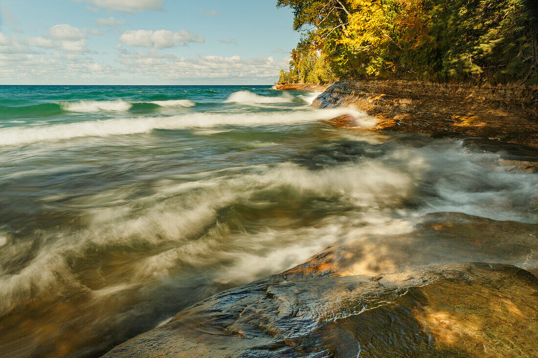 Long exposure of waves on Lake Superior in fall, Pictured Rocks National Lakeshore, Upper Peninsula of Michigan.