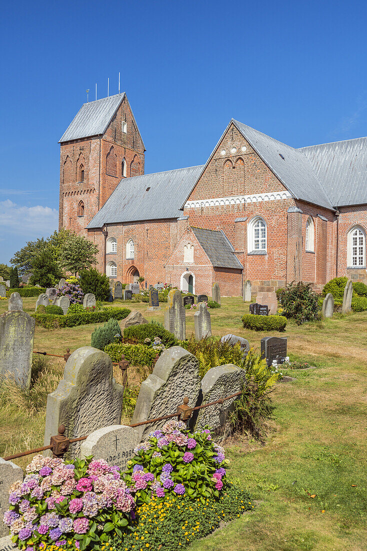 Cemetery in front of St. Johannis Church in Nieblum, Foehr Island, Schleswig-Holstein, Germany