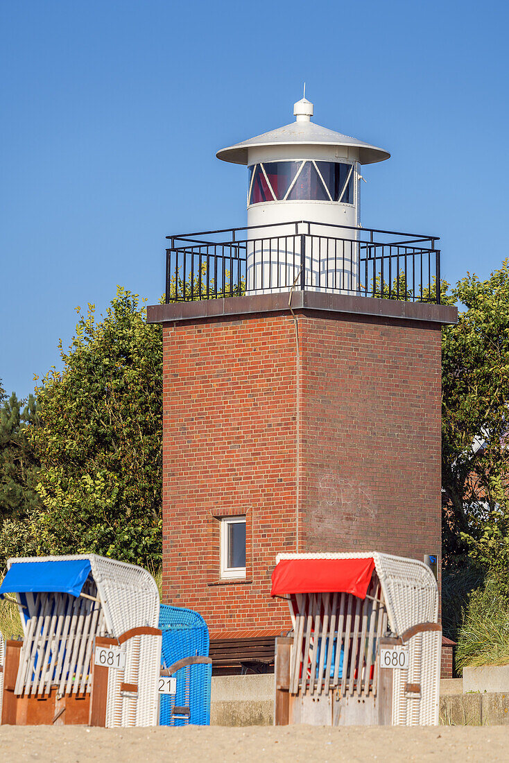 Olhörn lighthouse on the beach, Wyk, Foehr Island, Schleswig-Holstein, Germany