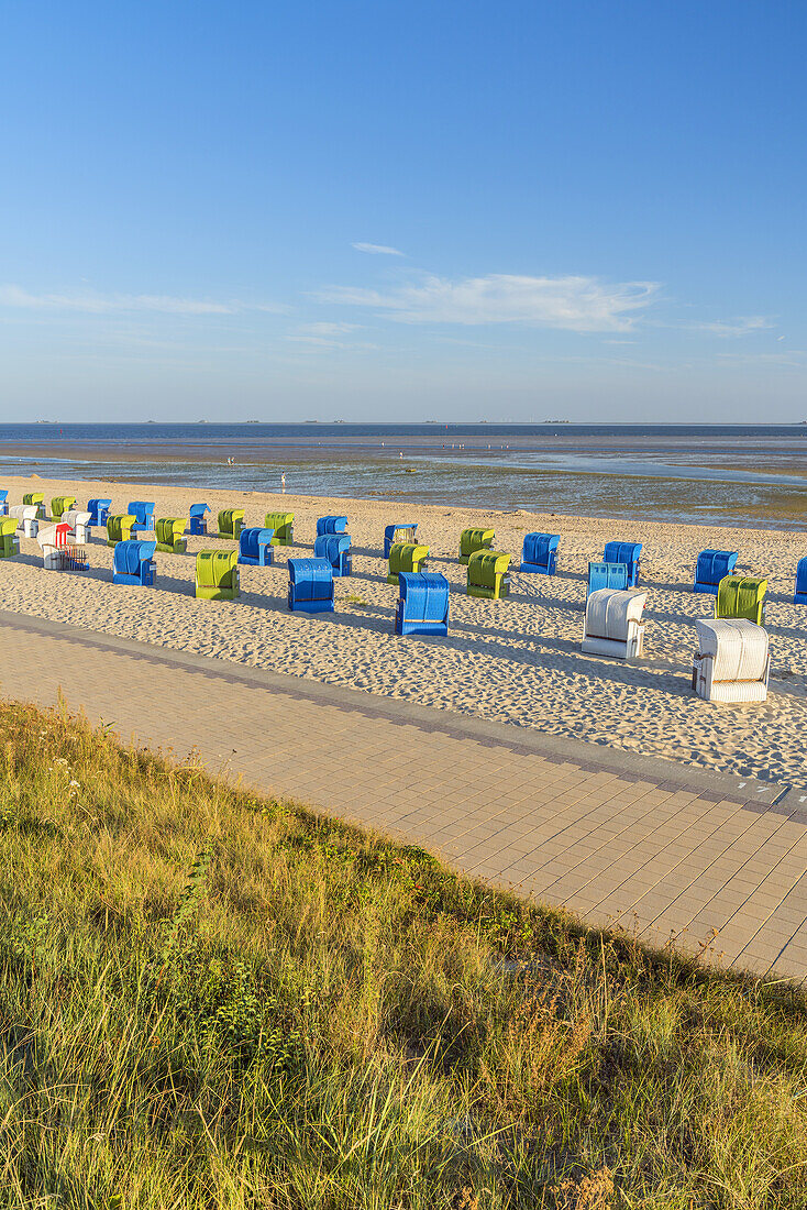 Beach chairs on the southern beach of Wyk, Foehr Island, Schleswig-Holstein, Germany