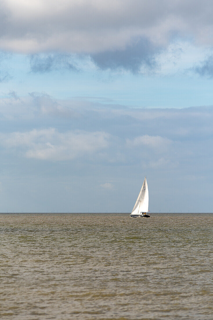 Ein Segelboot auf der Nordsee zwischen der Stadt Vlissingen und dem Strand von Groede in der niederländischen Provinz Zeeland, Niederlande