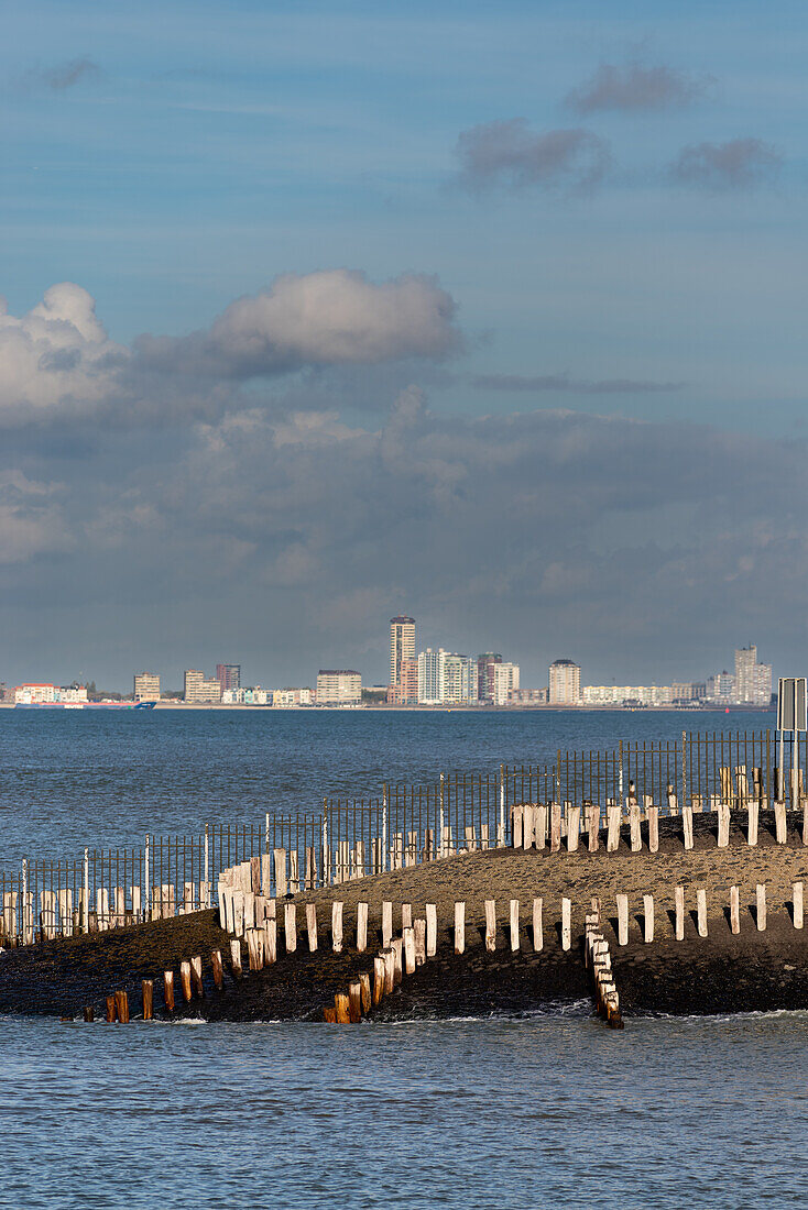 The Dutch city of Vlissingen as seen from the beach of Groede in the Zeeland province of the Netherlands.
