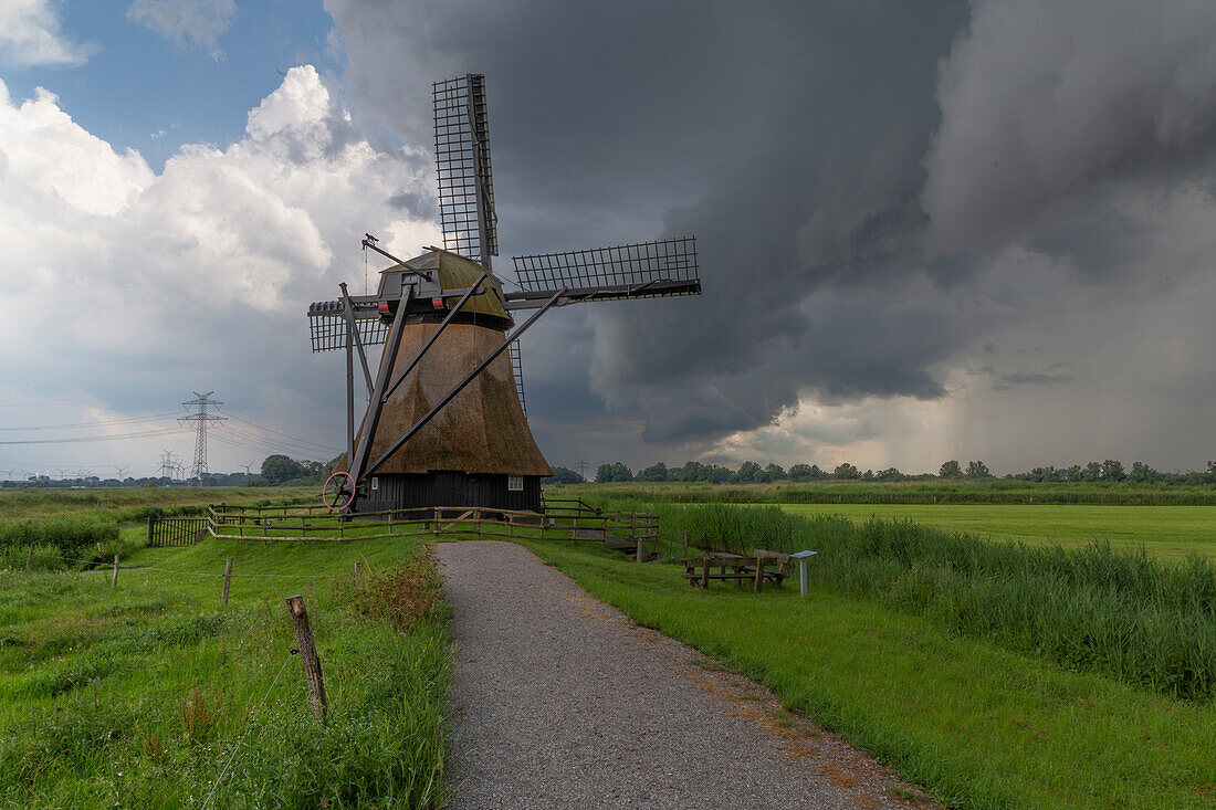 Weg zur Windmühle, Wasserschopfmühle. Neustadtgödens, Friesland, Niedersachsen, Deutschland. Gewitterwolken.