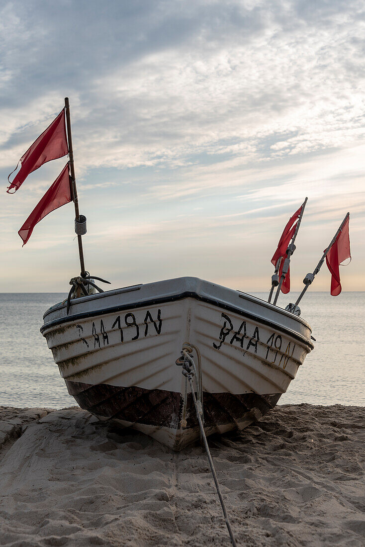 Fishing boat on the beach at Baabe, Ruegen Island, Mecklenburg-West Pomerania, Germany
