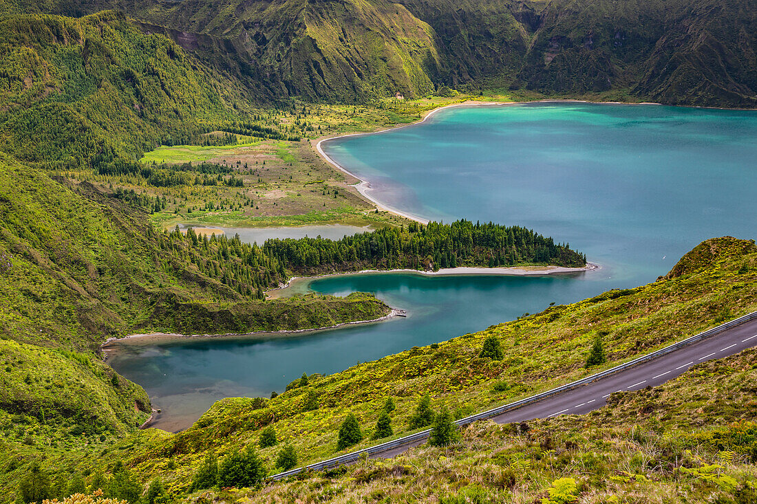 The turquoise Lagoa do Fogo in the middle of green nature on the island of São Miguel, Azores, Portugal
