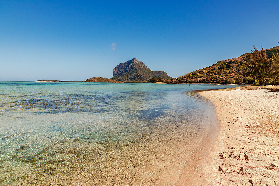 View of the prominent Le Morne Brabant mountain from La Prairie Beach in southern Mauritius, Indian Ocean