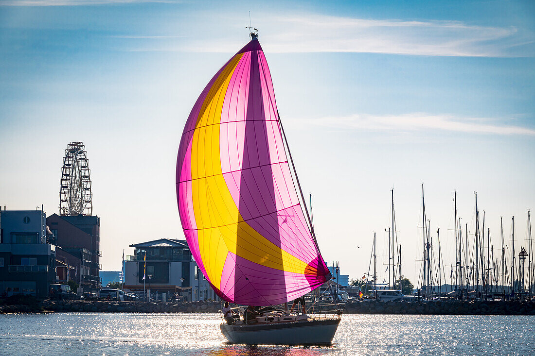 Sailing boat in the harbor of Heiligenhafen, Ostholstein, Schleswig-Holstein, Germany