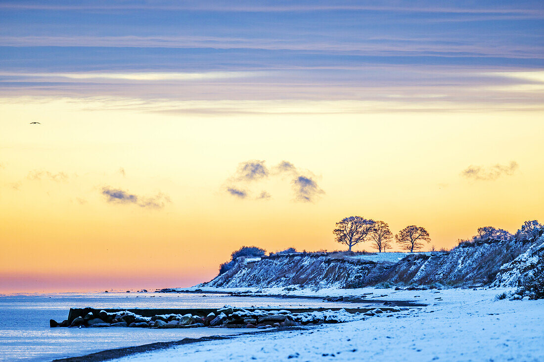 Sunrise at the wintry snowy Baltic Sea in Kraksdorf, Ostholstein, Schleswig-Holstein, Germany