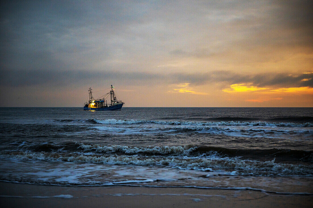 Fishing cutter in the setting sun in the North Sea, Sankt-Peter-Ording, North Friesland, Schleswig-Holstein, Germany