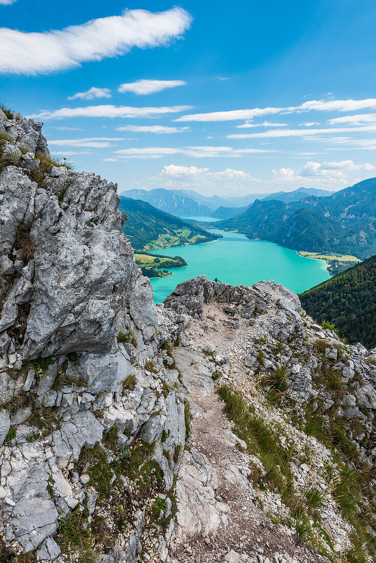 View from the summit of the Drachenwand over the Mondsee to the Schafberg, the Attersee and the Höllengebirge, Salzkammergut, Austria