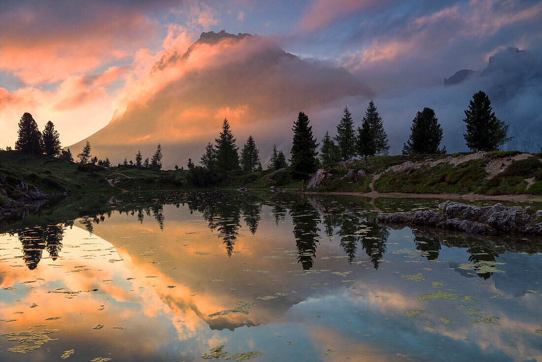 Shortly after a thunderstorm at Lago Limedes with a view of Monte Lagazuoi in the Dolomites.