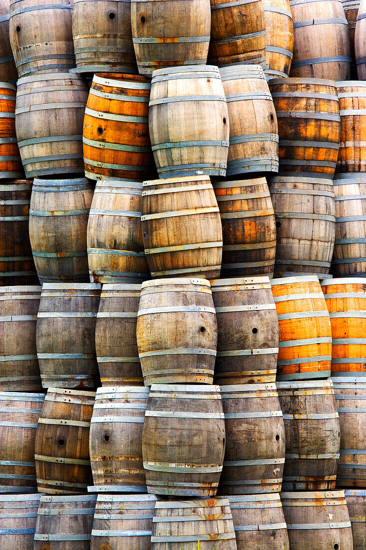 USA, California San Luis Obispo. Stacked wine barrels.