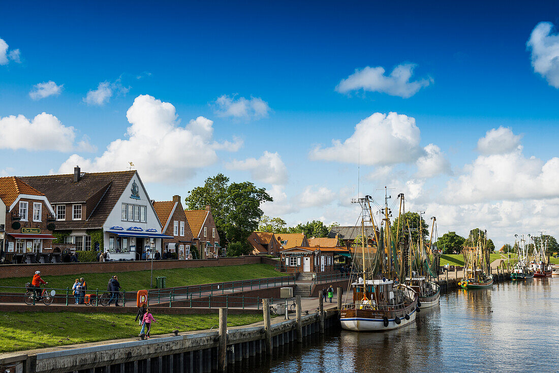 Harbor with shrimp cutters, Greetsiel, East Friesland, Lower Saxony, North Sea, Germany