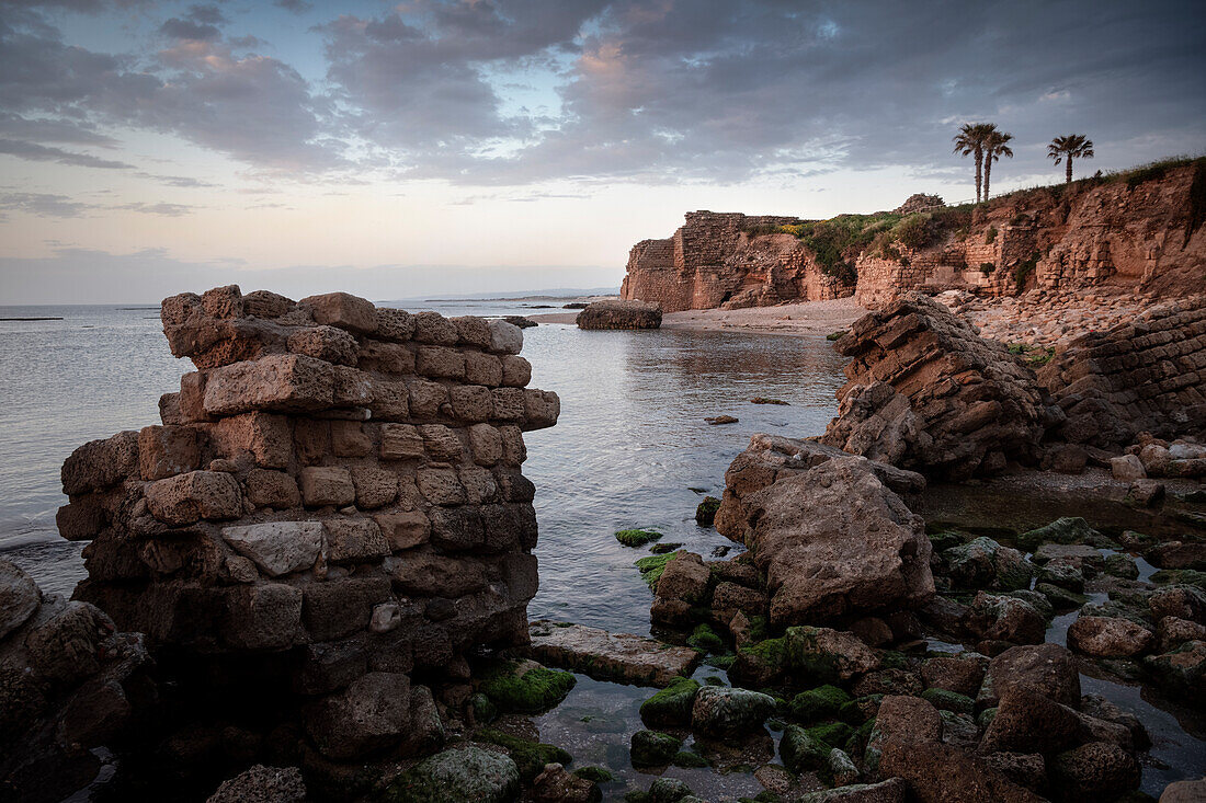 Wall complex on the beach of the ancient city of Caesarea Maritima, Israel, Middle East, Asia