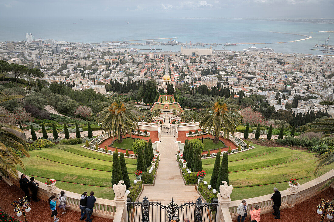 View across the gardens of the Shrine of the Bab (Bahai Shrine) to the Mediterranean Sea, Haifa, Israel, Middle East, Asia