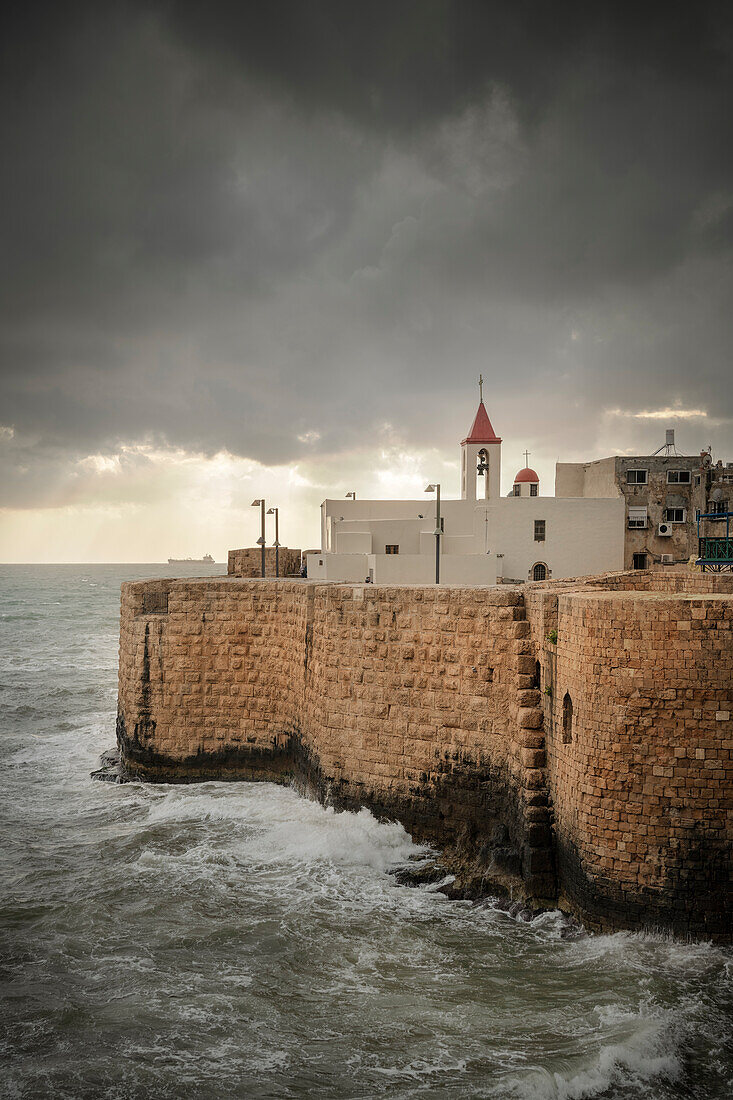 Church on Acre (also Akko) ramparts, Israel, Middle East, Asia