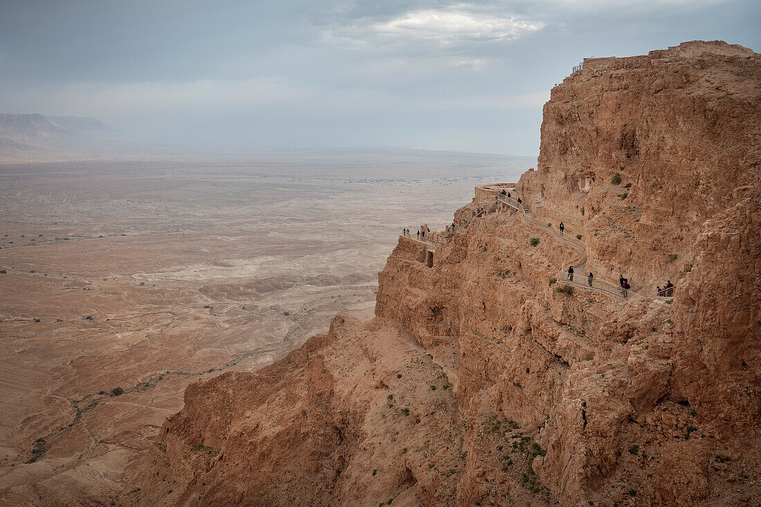 Visitors at terraces at the natural fortress of Masada, Dead Sea, Israel, Middle East, Asia, UNESCO World Heritage Site