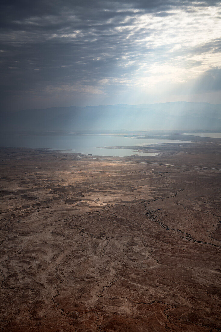 Panoramic view from Masada fort to the Dead Sea, Israel, Middle East, Asia, UNESCO World Heritage Site
