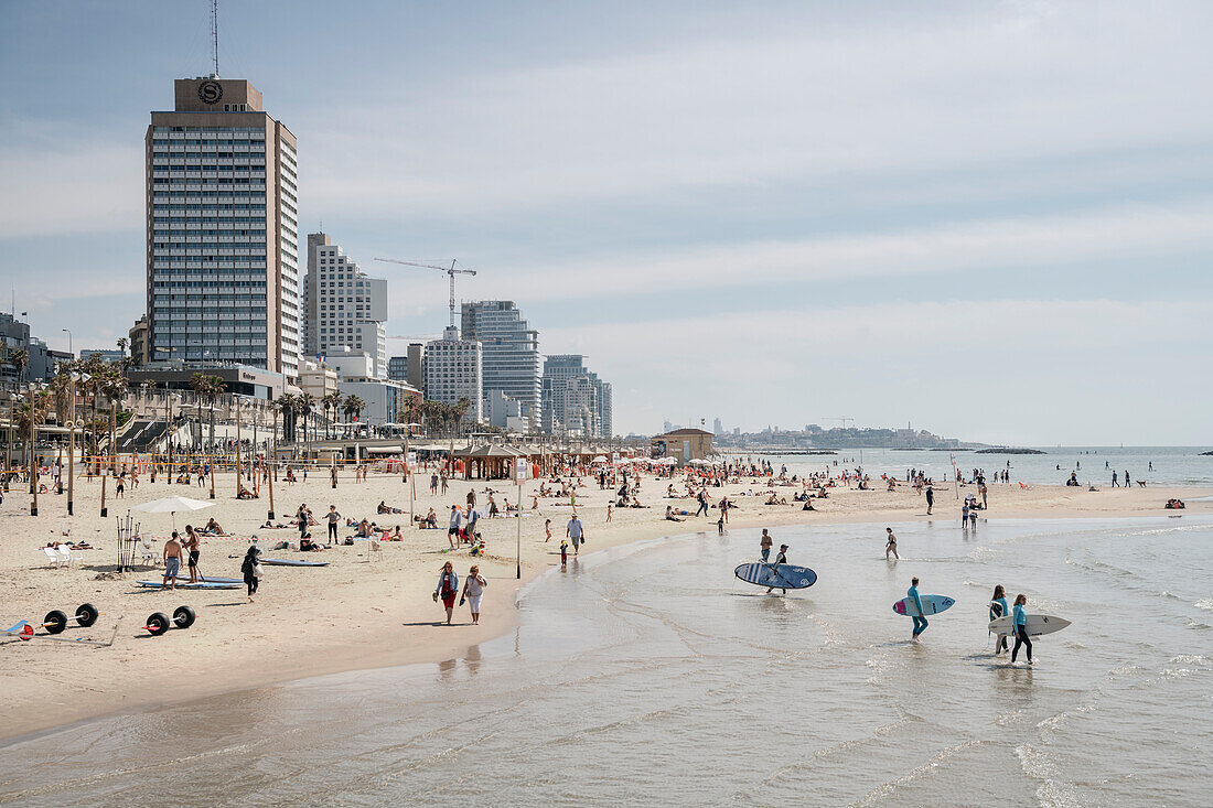 Surfers on Tel Aviv city beach, Israel, Middle East, Asia