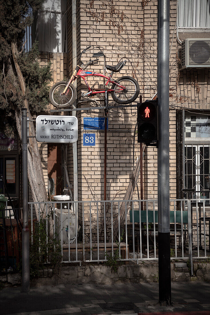 a bicycle is mounted to a house, Rothschild Boulvard, Tel Aviv, Israel, Middle East, Asia