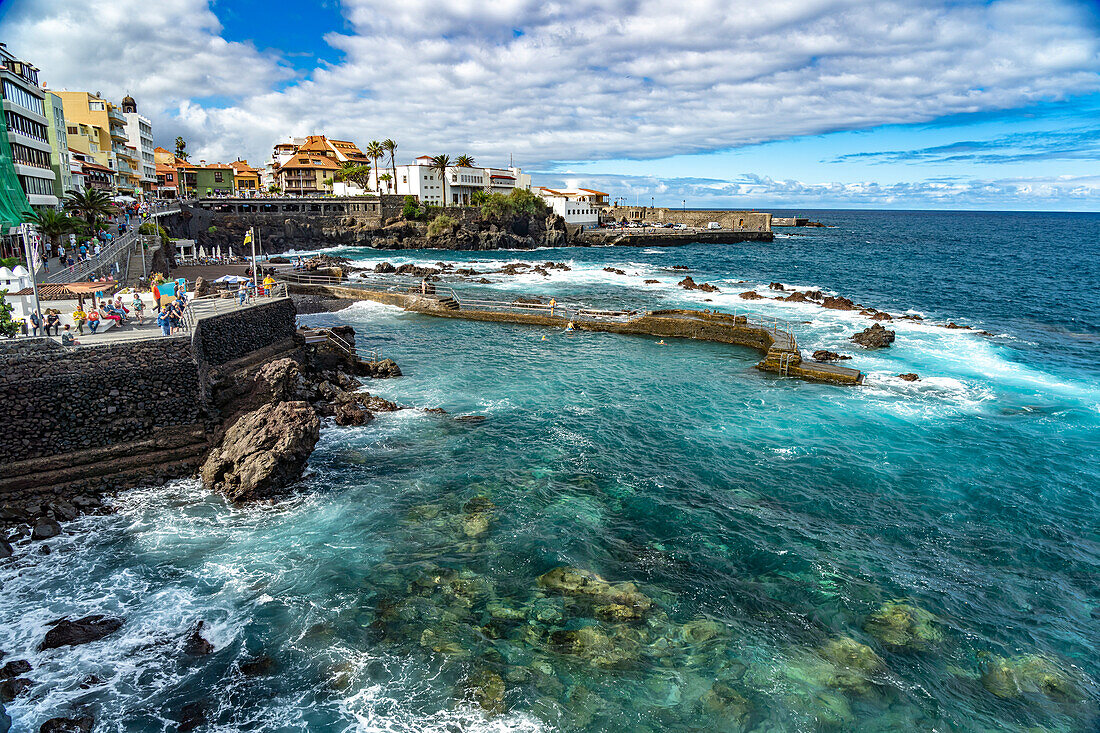 Seawater swimming pool and beach at San Telmo on the coast of Puerto de la Cruz, Tenerife, Canary Islands, Spain