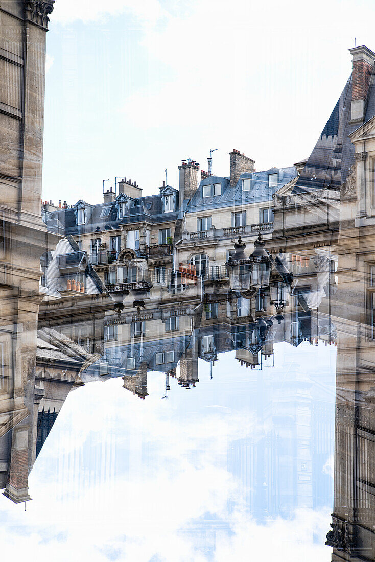 Doppelbelichtung des Gebäudes des Museum für Technik und Industrie in der Rue Saint-Martin in Paris, Frankreich